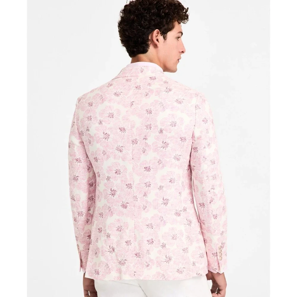 Tallia Linen Blend Slim Fit Printed Notch-Lapel Sport Coat Men's Pink/White L/S